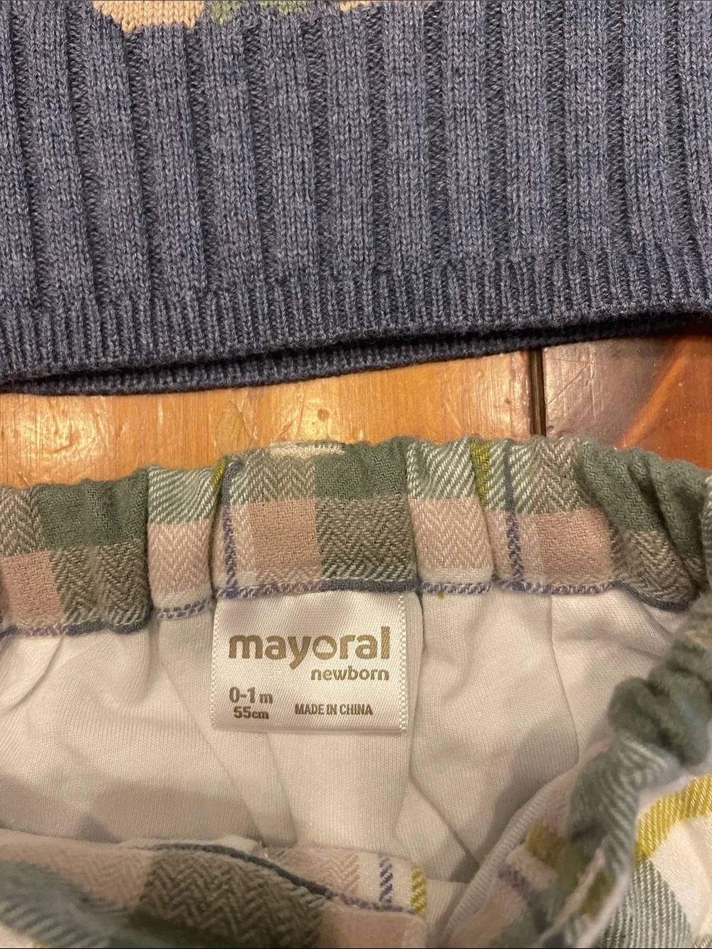 Mayoral Navy Bear Knit Sweater with Green and Cream Plaid Shorts